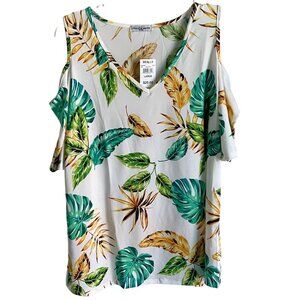 Cha Cha Vente Women's Tropical Leaf Print Cold Shoulder Top Large NEW NWT